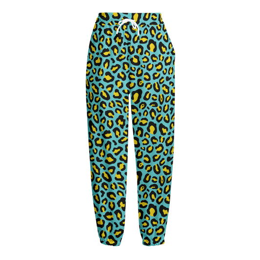 Teal And Yellow Leopard Pattern Print Fleece Lined Knit Pants