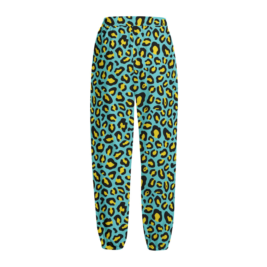 Teal And Yellow Leopard Pattern Print Fleece Lined Knit Pants