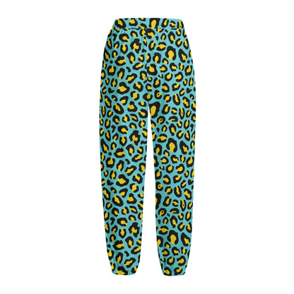 Teal And Yellow Leopard Pattern Print Fleece Lined Knit Pants