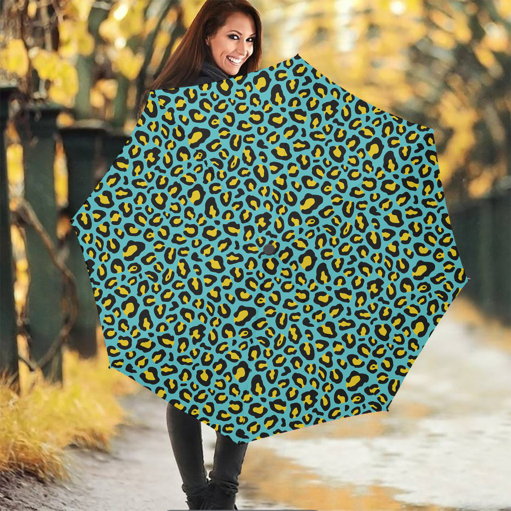 Teal And Yellow Leopard Pattern Print Foldable Umbrella