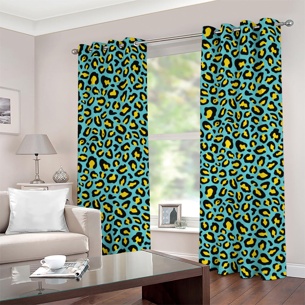 Teal And Yellow Leopard Pattern Print Grommet Curtains