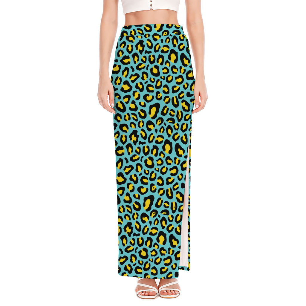 Teal And Yellow Leopard Pattern Print High Slit Maxi Skirt