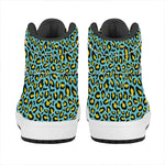 Teal And Yellow Leopard Pattern Print High Top Leather Sneakers