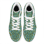 Teal And Yellow Leopard Pattern Print High Top Leather Sneakers
