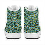 Teal And Yellow Leopard Pattern Print High Top Leather Sneakers