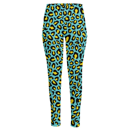 Teal And Yellow Leopard Pattern Print High-Waisted Pocket Leggings