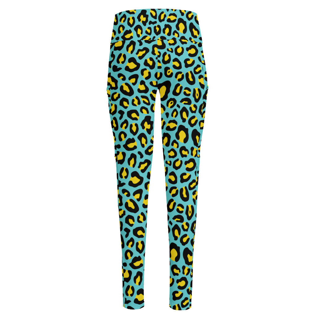Teal And Yellow Leopard Pattern Print High-Waisted Pocket Leggings