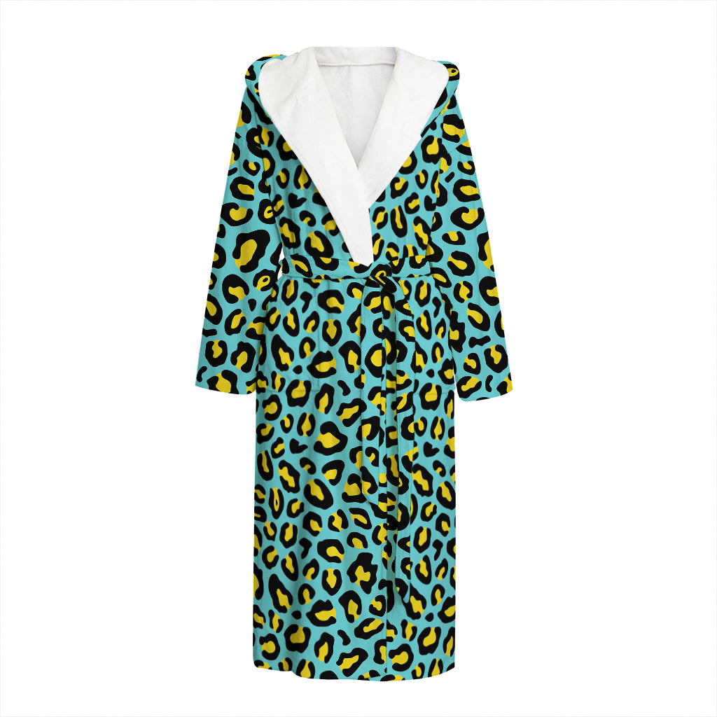 Teal And Yellow Leopard Pattern Print Hooded Bathrobe