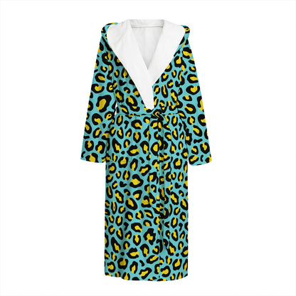 Teal And Yellow Leopard Pattern Print Hooded Bathrobe