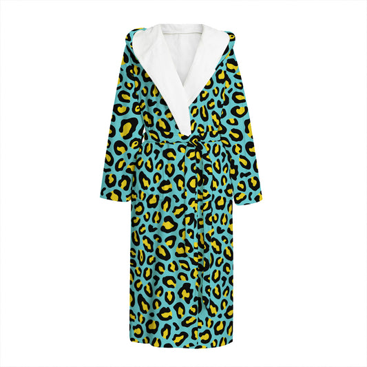 Teal And Yellow Leopard Pattern Print Hooded Bathrobe