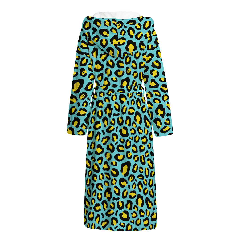 Teal And Yellow Leopard Pattern Print Hooded Bathrobe