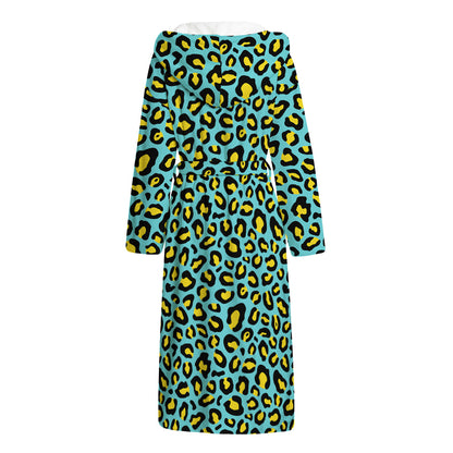 Teal And Yellow Leopard Pattern Print Hooded Bathrobe