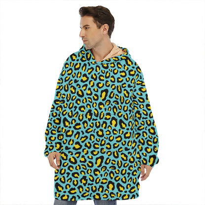 Teal And Yellow Leopard Pattern Print Hoodie Blanket