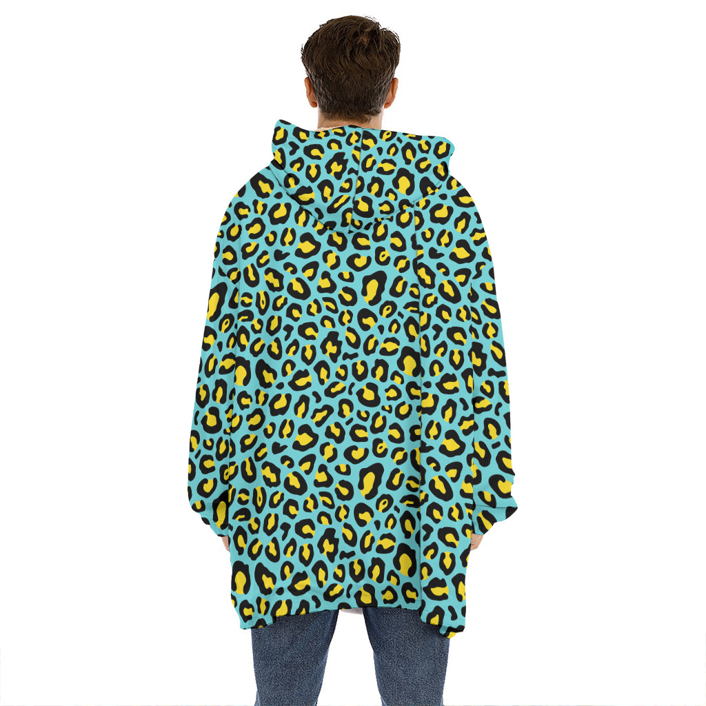 Teal And Yellow Leopard Pattern Print Hoodie Blanket