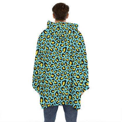 Teal And Yellow Leopard Pattern Print Hoodie Blanket