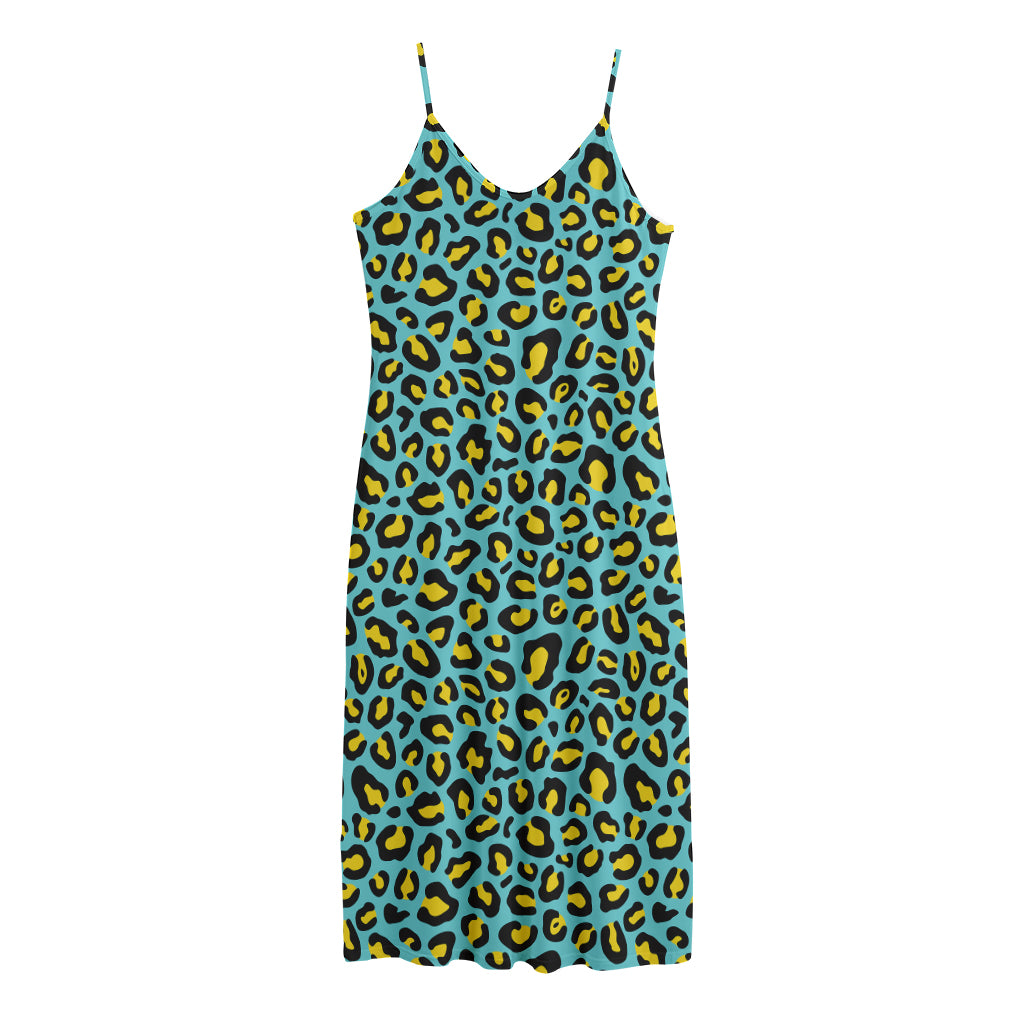 Teal And Yellow Leopard Pattern Print Jersey Midi Cami Dress
