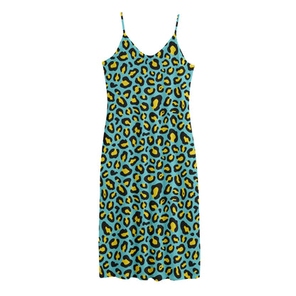 Teal And Yellow Leopard Pattern Print Jersey Midi Cami Dress