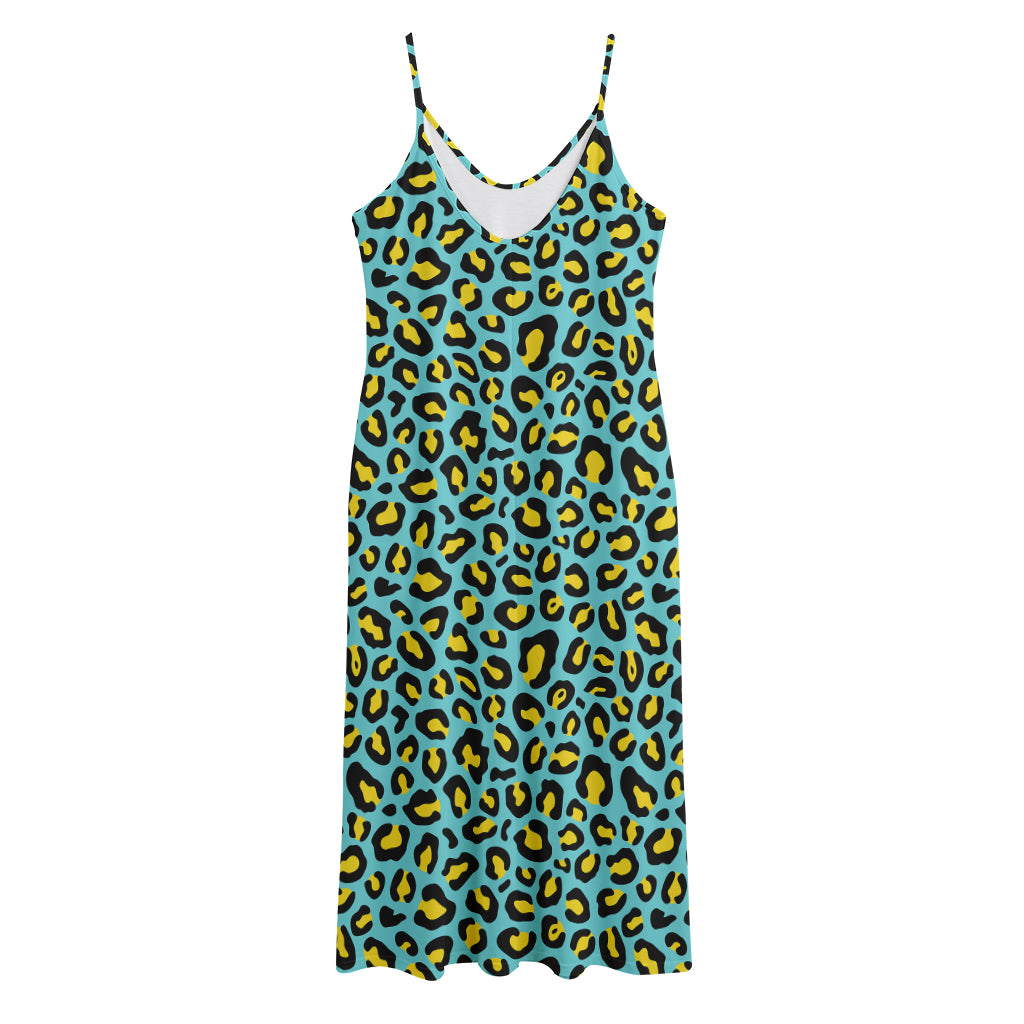 Teal And Yellow Leopard Pattern Print Jersey Midi Cami Dress