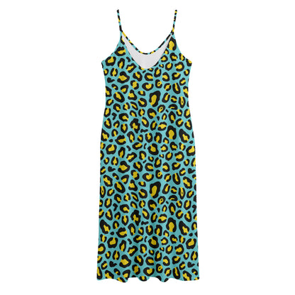Teal And Yellow Leopard Pattern Print Jersey Midi Cami Dress