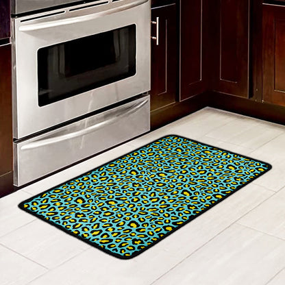 Teal And Yellow Leopard Pattern Print Kitchen Mat
