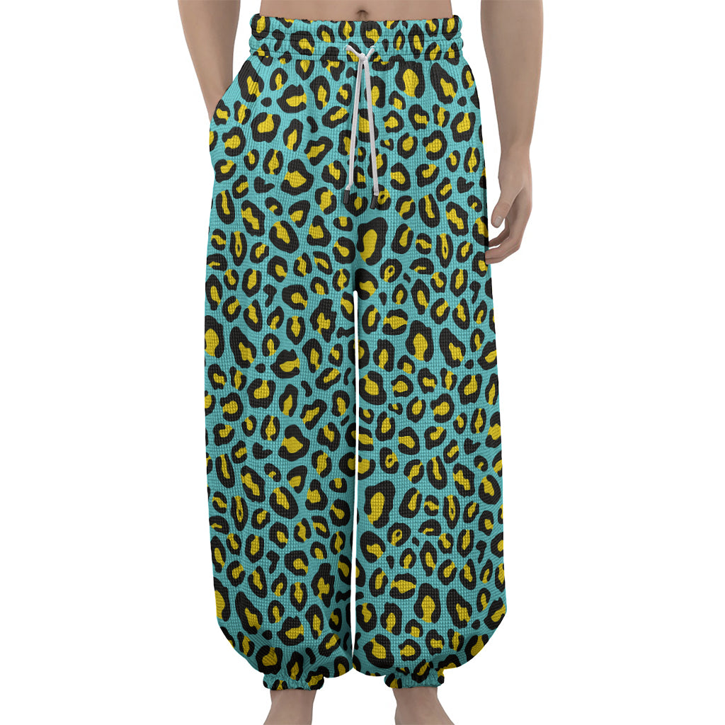 Teal And Yellow Leopard Pattern Print Lantern Pants