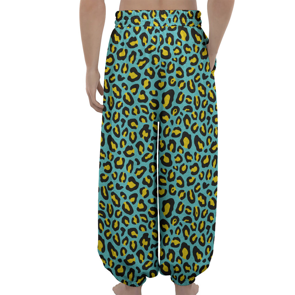 Teal And Yellow Leopard Pattern Print Lantern Pants