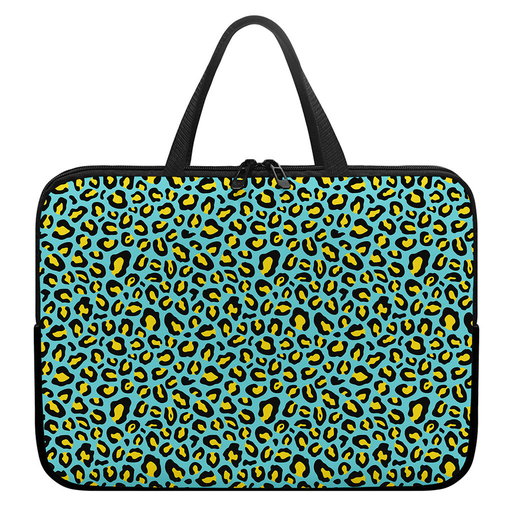 Teal And Yellow Leopard Pattern Print Laptop Sleeve With Handle