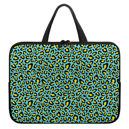 Teal And Yellow Leopard Pattern Print Laptop Sleeve With Handle