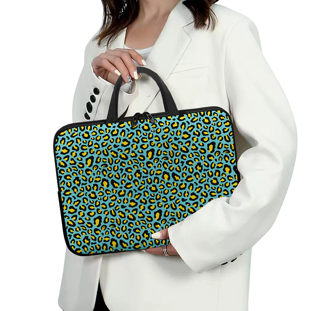 Teal And Yellow Leopard Pattern Print Laptop Sleeve With Handle