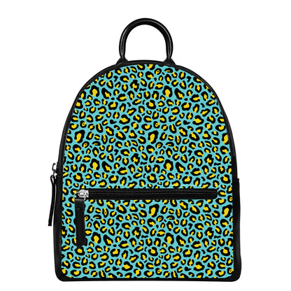 Teal And Yellow Leopard Pattern Print Leather Backpack