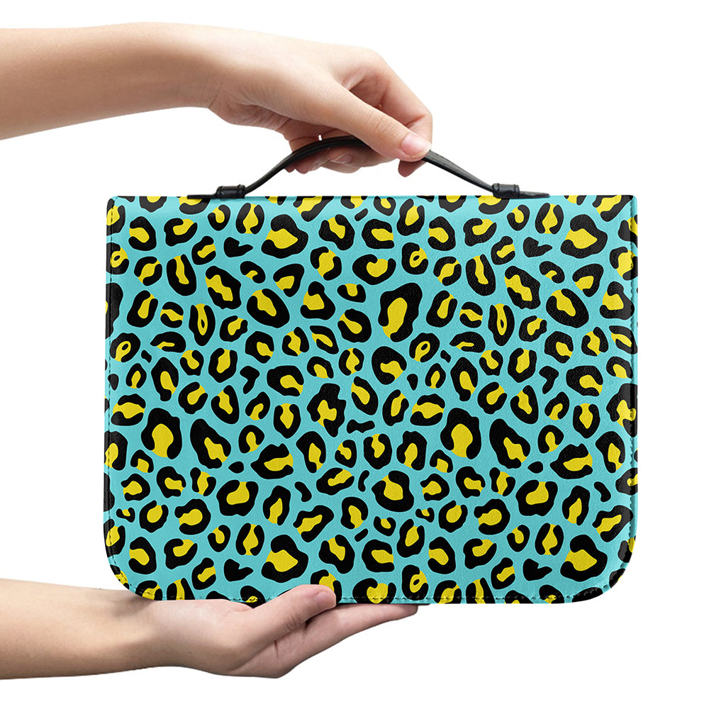 Teal And Yellow Leopard Pattern Print Leather Bible Cover