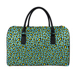 Teal And Yellow Leopard Pattern Print Leather Duffle Bag