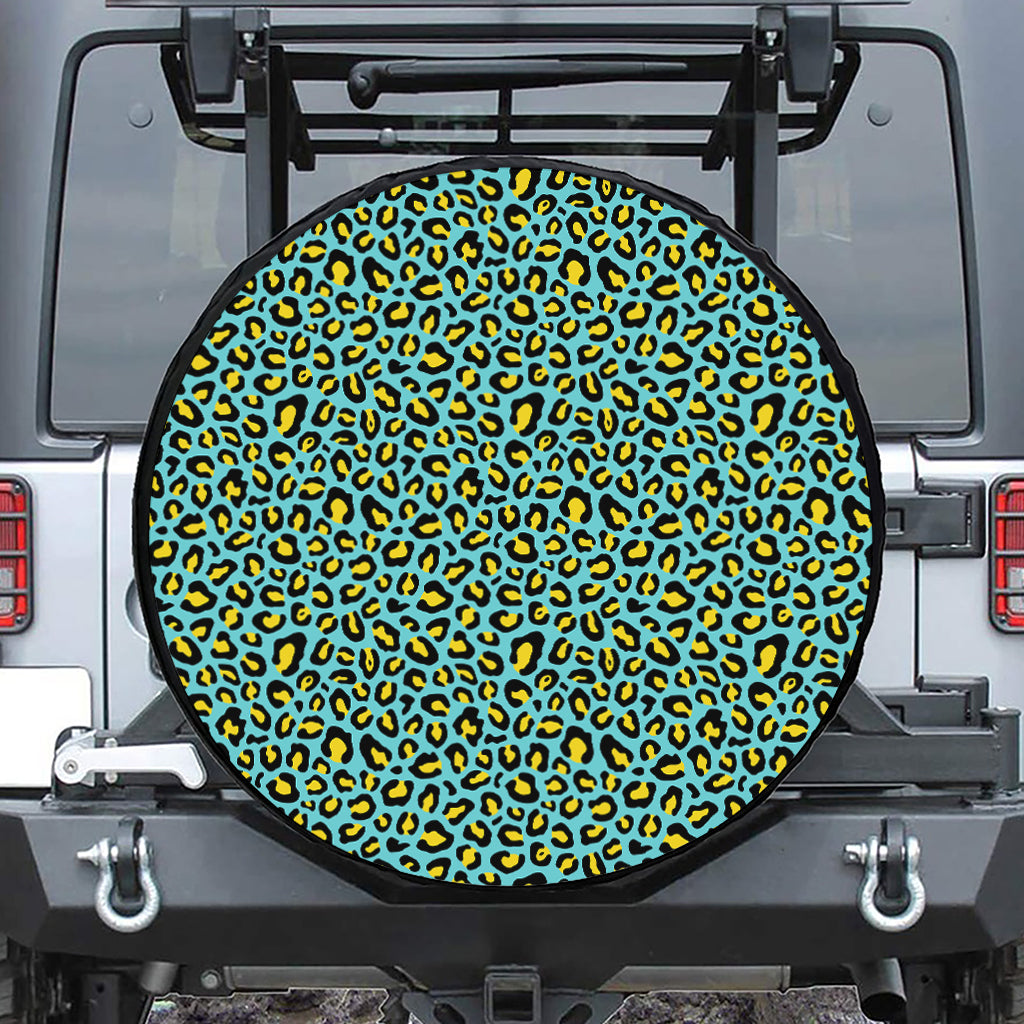 Teal And Yellow Leopard Pattern Print Leather Spare Tire Cover