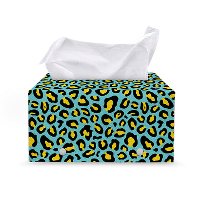 Teal And Yellow Leopard Pattern Print Leather Tissue Box Cover