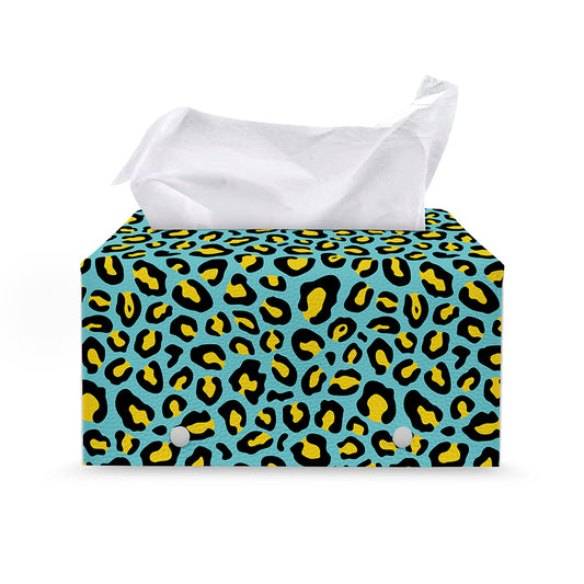 Teal And Yellow Leopard Pattern Print Leather Tissue Box Cover