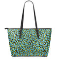 Teal And Yellow Leopard Pattern Print Leather Tote Bag With Zipper
