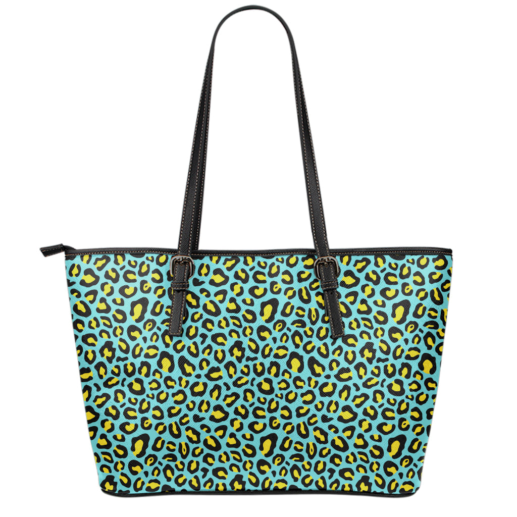 Teal And Yellow Leopard Pattern Print Leather Tote Bag