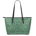 Teal And Yellow Leopard Pattern Print Leather Tote Bag