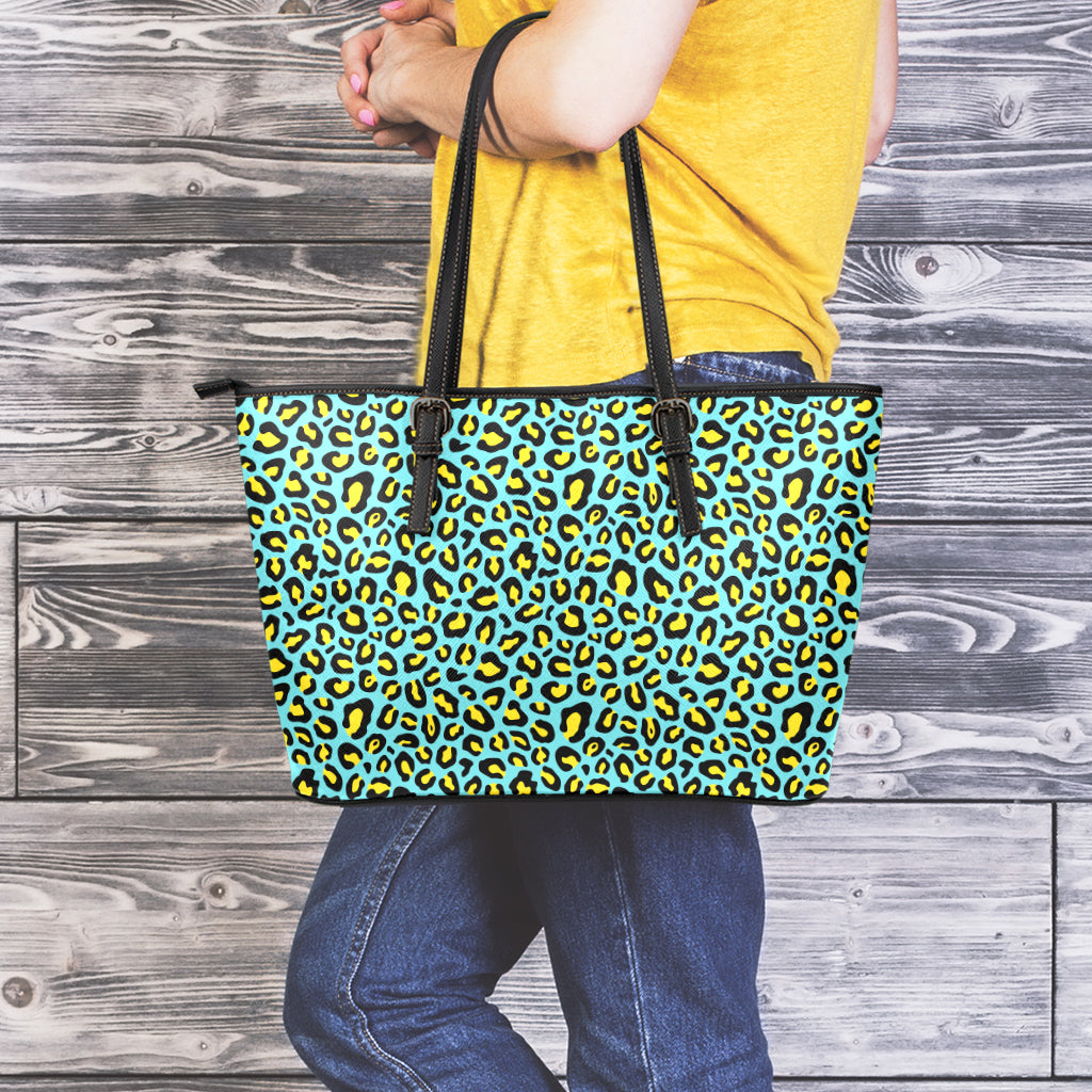 Teal And Yellow Leopard Pattern Print Leather Tote Bag