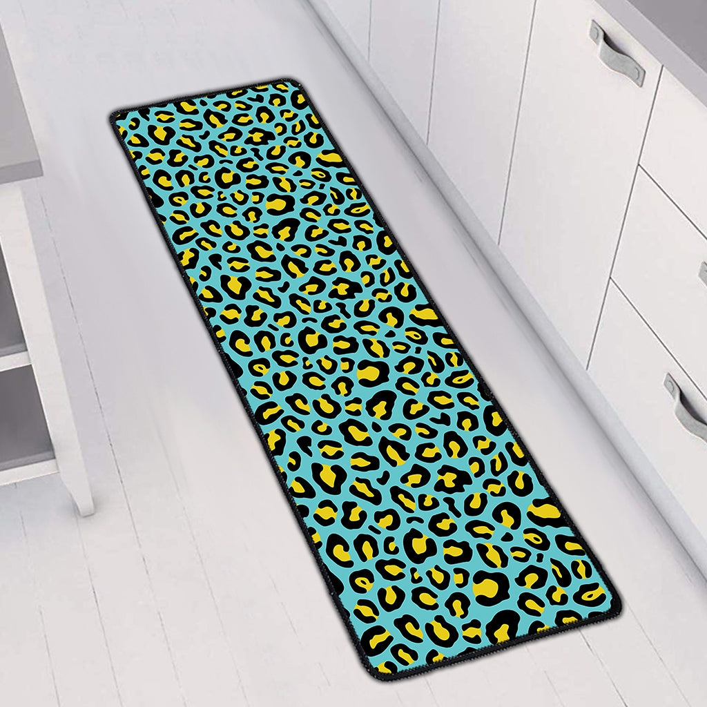 Teal And Yellow Leopard Pattern Print Long Kitchen Mat