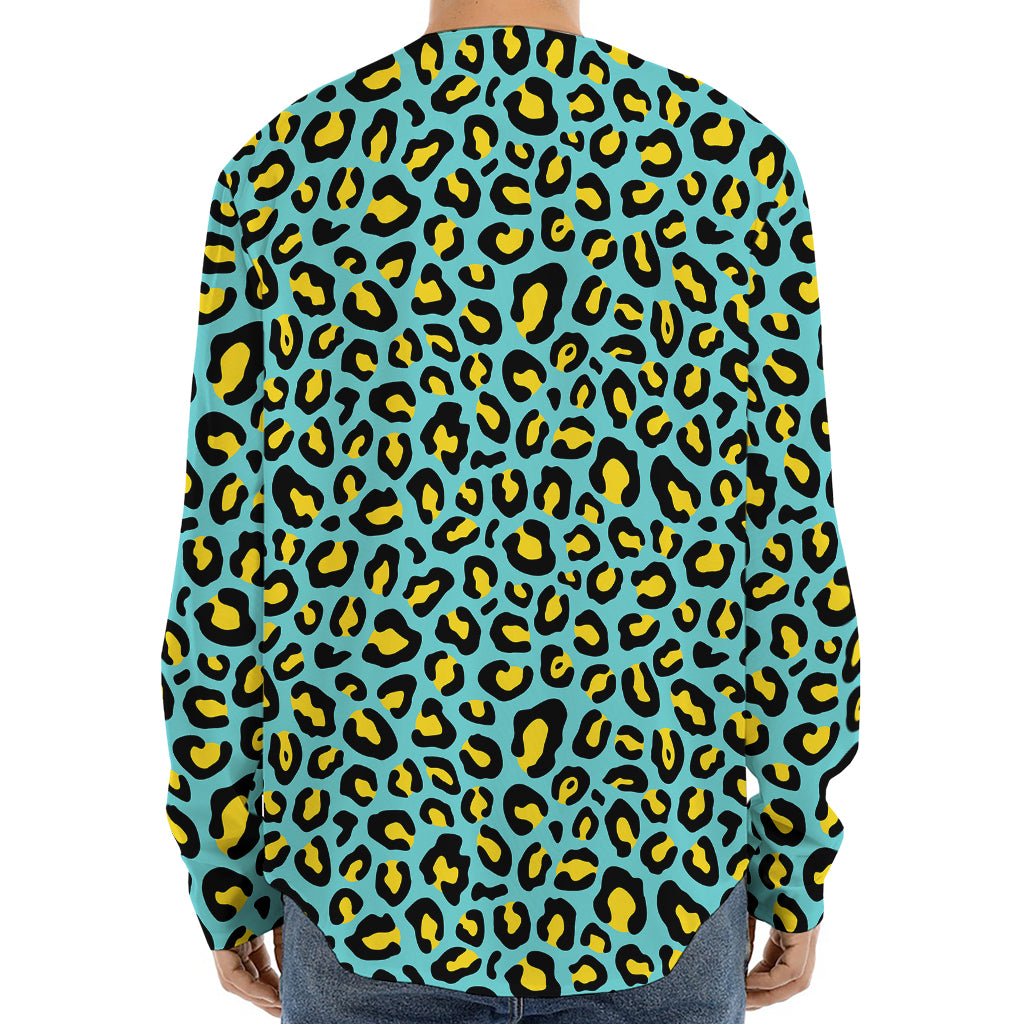 Teal And Yellow Leopard Pattern Print Long Sleeve Baseball Jersey