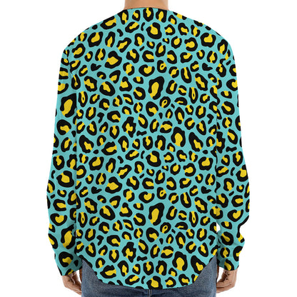 Teal And Yellow Leopard Pattern Print Long Sleeve Baseball Jersey
