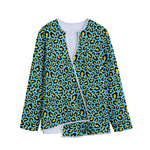Teal And Yellow Leopard Pattern Print Long Sleeve Short Coat
