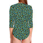 Teal And Yellow Leopard Pattern Print Long Sleeve Swimsuit