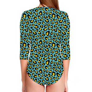 Teal And Yellow Leopard Pattern Print Long Sleeve Swimsuit
