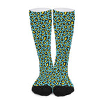 Teal And Yellow Leopard Pattern Print Long Socks