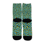 Teal And Yellow Leopard Pattern Print Long Socks