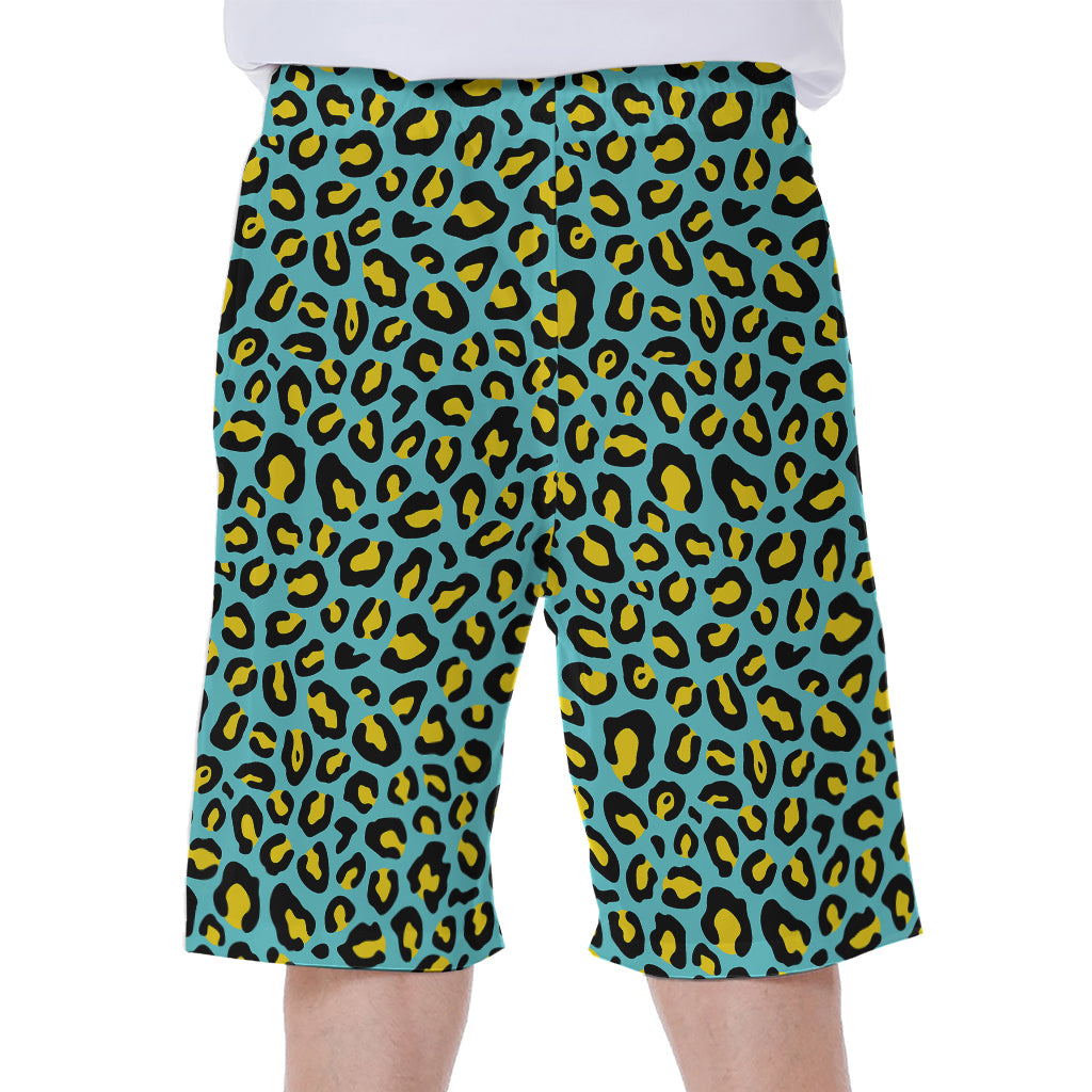 Teal And Yellow Leopard Pattern Print Men's Beach Shorts