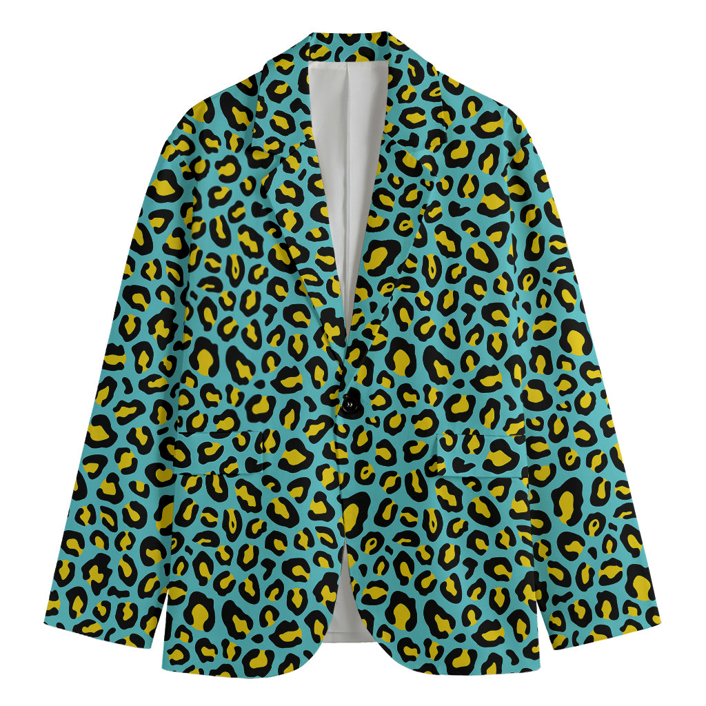 Teal And Yellow Leopard Pattern Print Men's Blazer