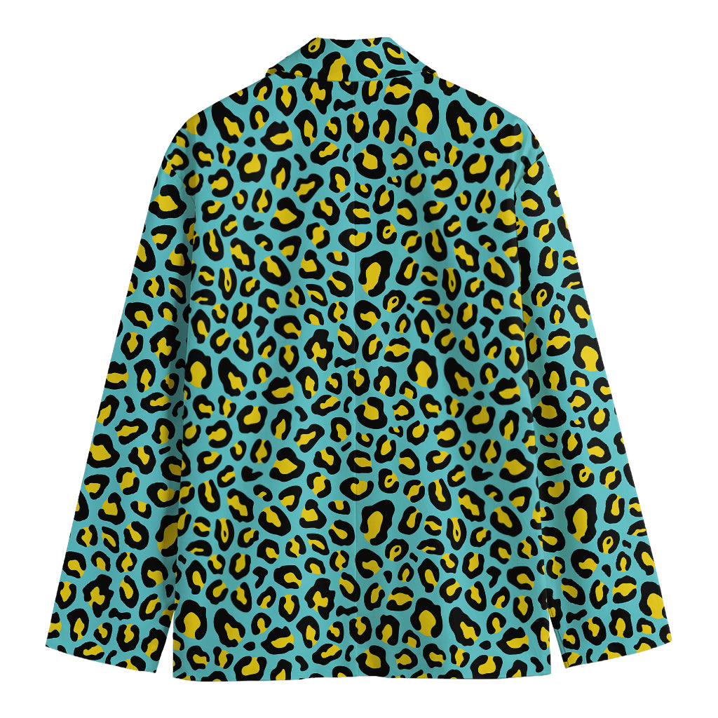 Teal And Yellow Leopard Pattern Print Men's Blazer